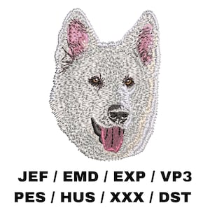 May include: White embroidered dog head with pink ears and a pink tongue sticking out. The dog is looking to the right. The image is for embroidery designs.