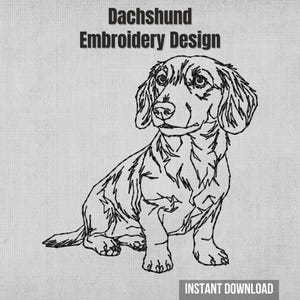 May include: A black line art embroidery design of a seated dachshund dog on a light gray textured background. The text "Dachshund Embroidery Design" appears at the top, and the text "INSTANT DOWNLOAD" is located at the bottom right corner.