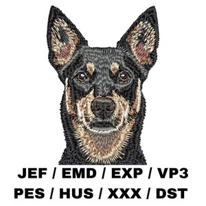 May include: Embroidered image of a black and tan Australian Kelpie dog with brown eyes. The dog's head and neck are visible, with its ears perked up. The image is on a white background.