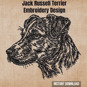 May include: A black embroidered Jack Russell Terrier head profile on a tan textured background. The text at the top reads Jack Russell Terrier Embroidery Design and the text at the bottom right reads INSTANT DOWNLOAD in white letters.
