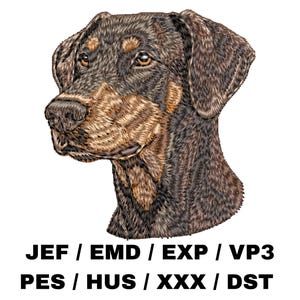 Può includere: Immagine ricamata della testa di un cane, con pelo marrone e nero. La testa del cane è raffigurata di profilo, mostrando punti dettagliati. Il testo "JEF / EMD / EXP / VP3 PES / HUS / XXX / DST" è incluso in basso.