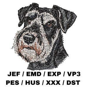 May include: Embroidered Schnauzer dog portrait in black, gray, and tan thread. The dog's face is centered, with detailed stitching. Below the image are the text: JEF / EMD / EXP / VP3 PES / HUS / XXX / DST.