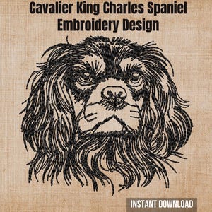 Può includere: Un disegno da ricamo in filo nero del volto di un Cavalier King Charles Spaniel su uno sfondo color marrone chiaro testurizzato. Il testo Cavalier King Charles Spaniel Embroidery Design è in alto e Instant Download è in basso.