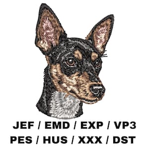 Op de afbeelding: Geborduurd beeld van een hondenkop, met een zwarte en bruine vacht en gedetailleerde steken. De hond heeft grote, puntige oren en een geconcentreerde uitdrukking. Hieronder de bestandsformaat afkortingen: JEF / EMD / EXP / VP3, PES / HUS / XXX / DST.