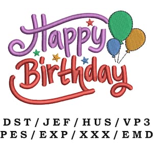 Alles Gute zum Geburtstag Text mit Luftballons und Sterne Stickdatei - Groovy Birthday Decor