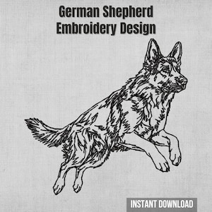 Peut inclure: Motif de broderie noir et blanc d'un berger allemand en mouvement. Le texte "German Shepherd Embroidery Design" est en haut et "Instant Download" en bas. Le fond est un tissu gris clair.