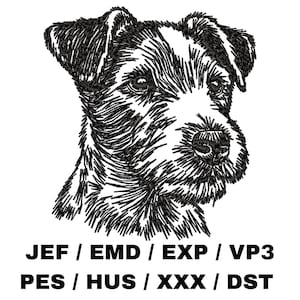 Puede incluir: Ilustración en blanco y negro de línea de arte de la cabeza de un perro Jack Russell Terrier. JEF / EMD / EXP / VP3 PES / HUS / XXX / DST