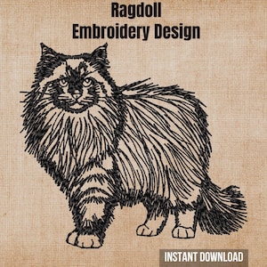 May include: A black machine embroidery design of a long-haired Ragdoll cat standing in profile. The text Ragdoll Embroidery Design appears at the top, and the text INSTANT DOWNLOAD is located at the bottom right on a textured tan background.