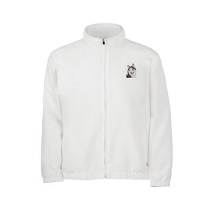 May include: A white fleece jacket with a zipper closure and a small image of a husky dog on the left chest.