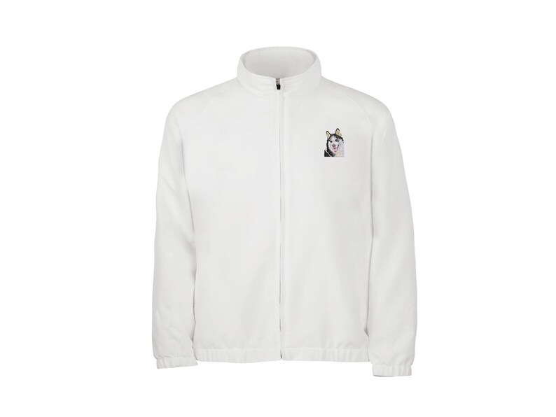 May include: A white fleece jacket with a zipper closure and a small image of a husky dog on the left chest.