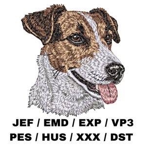 Può includere: Ritratto ricamato della testa di un Jack Russell Terrier, con pelo marrone e bianco e una lingua rosa. Il testo in basso recita: JEF / EMD / EXP / VP3 PES / HUS / XXX / DST.