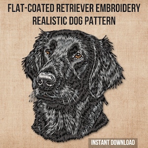 Realistisk broderidesign för flatcoated retriever | Maskinbroderimönster för svart hund | Direkt nedladdning