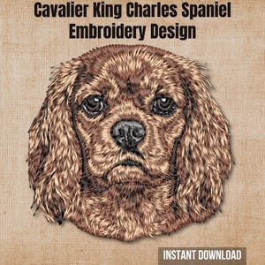 May include: An embroidery design featuring a detailed portrait of a brown and tan Cavalier King Charles Spaniel. The text Cavalier King Charles Spaniel Embroidery Design is at the top, and the text INSTANT DOWNLOAD is at the bottom.
