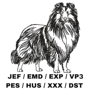May include: Black and white line art illustration of a Collie dog standing with its head held high.