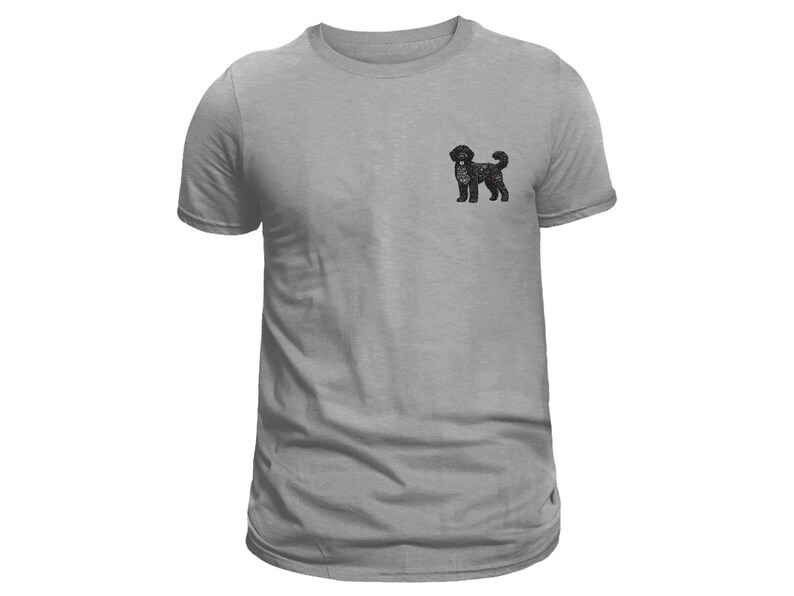 K&ouml;nnte beinhalten: Ein heidefarbenes T-Shirt mit einer schwarzen Silhouette eines Doodle-Hundes.