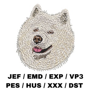 May include: Embroidered image of a white dog with brown eyes and a pink tongue. The dog is looking to the right. The image is surrounded by a white background.