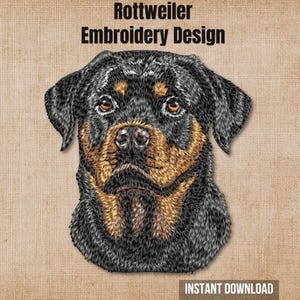 Könnte beinhalten: Ein Stickmuster mit einem Rottweiler-Hundekopf mit schwarzem und lohfarbenem Fell. Der Text Rottweiler Embroidery Design befindet sich über dem Hund und der Text INSTANT DOWNLOAD steht am unteren Rand des Bildes.