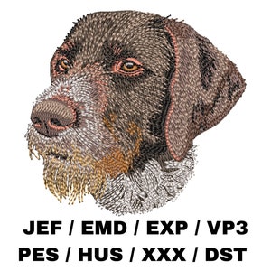 Op de afbeelding: Geborduurde afbeelding van een bruin en wit hondenhoofd. De hond heeft een lange snuit en hangende oren. De afbeelding is geschikt voor borduurprojecten.