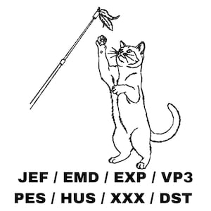 Funny Cat Playing Wand Toy Machine Embroidery Design, Minimalist 4x4 Line Art PES DST