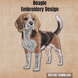 May include: An embroidery design of a Beagle dog with brown, black, and white fur, standing with its tail raised. The text Beagle Embroidery Design is at the top, and the text Instant Download is at the bottom against a tan textured background.