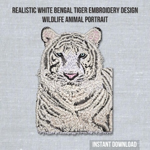 Realistic White Bengal Tiger Embroidery Design | Wildlife Big Cat Portrait Machine Embroidery Pattern | Instant Download