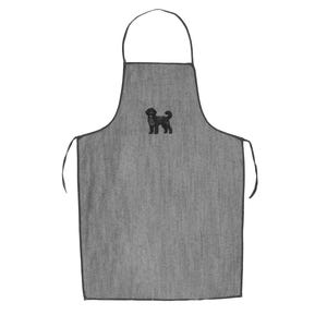 K&ouml;nnte beinhalten: Eine graue Denim-Sch&uuml;rze mit schwarzen verstellbaren Tr&auml;gern und einer schwarzen gestickten Hundesilhouette.