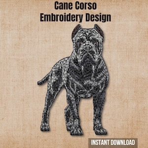 May include: A digital embroidery design featuring a standing Cane Corso dog with a black and grey textured coat. The text Cane Corso Embroidery Design appears at the top, and the text INSTANT DOWNLOAD is positioned at the bottom of the image.