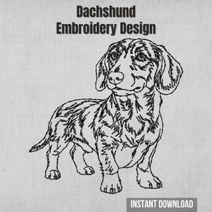 May include: A black line art embroidery design of a dachshund dog standing in profile, facing forward. The text "Dachshund Embroidery Design" appears at the top, and the text "INSTANT DOWNLOAD" is located at the bottom right corner.