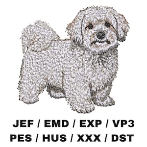 Puede incluir: Imagen bordada de un perro pequeño y esponjoso con pelaje gris claro y blanco. El perro está de pie sobre sus cuatro patas, con la cola enroscada. La imagen incluye el texto "JEF / EMD / EXP / VP3 PES / HUS / XXX / DST" en la parte inferior.