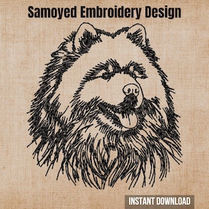 May include: A black thread embroidery design of a Samoyed dog head on a tan textured background. The text Samoyed Embroidery Design is at the top and the text INSTANT DOWNLOAD is at the bottom. The dog has a fluffy coat and open mouth.