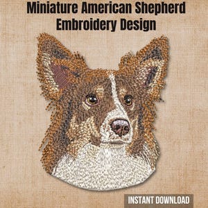 May include: An embroidery design of a Miniature American Shepherd dog head with brown, white, and tan fur. The text Miniature American Shepherd Embroidery Design is at the top, and the text INSTANT DOWNLOAD is at the bottom of the image.