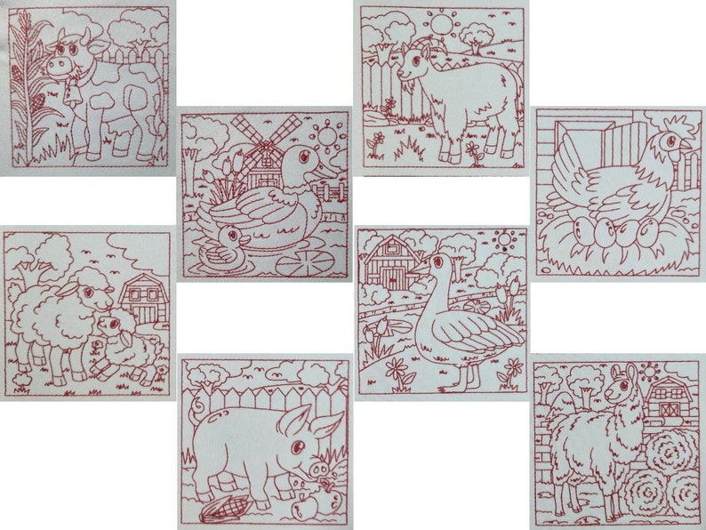 Set of 8 Farm Animals Redwork Embroidery - Instant Download, Line ...