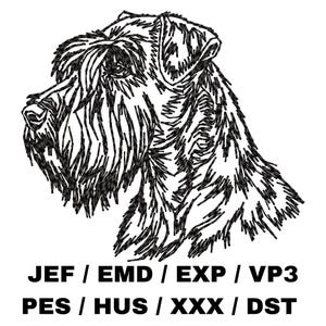 Puede incluir: Ilustración en blanco y negro de línea de arte de una raza de perro Schnauzer. La cabeza del perro está mirando hacia la izquierda. La imagen es un diseño de bordado digital.