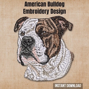 Puede incluir: Un diseño de bordado de una cabeza de Bulldog americano con pelaje marrón y blanco con marcas atigradas. El texto "American Bulldog Embroidery Design" está en la parte superior y "INSTANT DOWNLOAD" en la parte inferior.