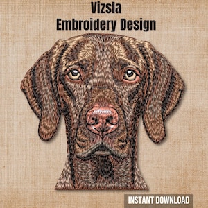 Może przedstawiać: Wzór haftu przedstawiający głowę brązowego psa rasy Vizsla ze szczegółowymi przeszyciami. Tekst "Vizsla Embroidery Design" znajduje się u góry, a "INSTANT DOWNLOAD" jest wydrukowany w ciemnym prostokącie u dołu obrazu.