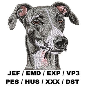 Puede incluir: Diseño bordado de la cabeza de un galgo italiano gris y blanco. El texto "JEF / EMD / EXP / VP3 PES / HUS / XXX / DST" está debajo de la imagen.