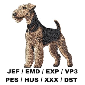 Könnte beinhalten: Ein brauner und schwarzer Airedale Terrier steht auf weißem Hintergrund. Der Hund schaut nach links. Der Text "JEF / EMD / EXP / VP3 PES / HUS / XXX / DST" befindet sich unter dem Hund.