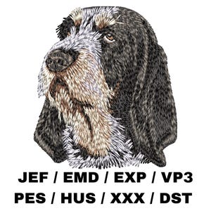 May include: Embroidered image of a black and white dog's head. The dog has a long, pointed snout and floppy ears. The image is suitable for embroidery projects.