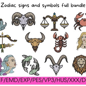 Wzór haftu na znaki i symbole zodiaku - Pełny zestaw, haft astrologiczny, modne wzory haftu, popularne wzory, 12 znaków zodiaku