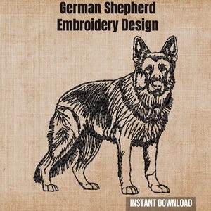 May include: A black machine embroidery design of a German Shepherd dog standing in profile. The text "German Shepherd Embroidery Design" appears at the top, and the text "INSTANT DOWNLOAD" is located at the bottom on a tan textured background.