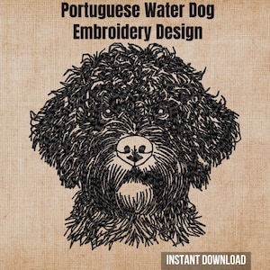 May include: A black embroidery design of a Portuguese Water Dog head on a tan textured background. The text at the top reads Portuguese Water Dog Embroidery Design and the text at the bottom right reads INSTANT DOWNLOAD in white letters.