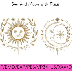 Puede incluir: Un sol y una luna dorados con caras, rodeados de estrellas y hojas. El sol tiene una cara sonriente y la luna tiene una forma de media luna con una cara sonriente.