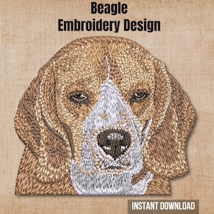 May include: An embroidery design featuring a Beagle dog face with brown, tan, and white thread detailing. The text Beagle Embroidery Design is positioned above the dog, and the text INSTANT DOWNLOAD is located at the bottom of the image.