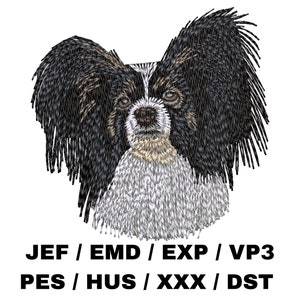 May include: Embroidered design of a black and white Papillon dog with brown ears. The design is suitable for embroidery machines and includes the file formats JEF, EMD, EXP, VP3, PES, HUS, XXX, and DST.
