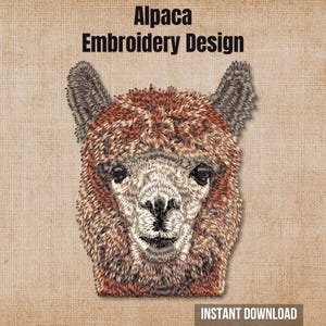 May include: An embroidery design featuring a detailed alpaca head with brown and cream fur, pointed ears, and dark eyes. The text "Alpaca Embroidery Design" appears at the top, and "INSTANT DOWNLOAD" is printed in a dark rectangle at the bottom.