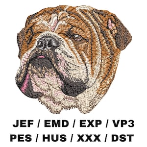 May include: Embroidered image of a brown and white bulldog's head. The bulldog has a wrinkled face and a pink nose.