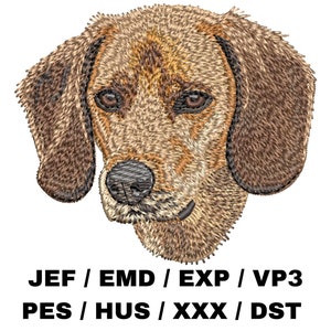 May include: Embroidered image of a brown and tan dog with floppy ears. The dog is looking to the left of the image.