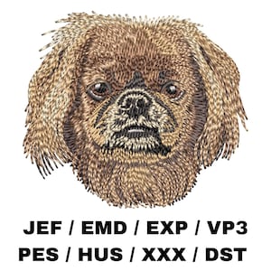 May include: Embroidered image of a brown Pekingese dog with a fluffy coat and a serious expression. The image is suitable for embroidery projects.