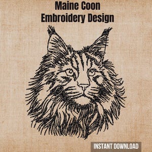 May include: A black line art embroidery design of a Maine Coon cat head with tufted ears and long fur. The text Maine Coon Embroidery Design is centred at the top, and the text INSTANT DOWNLOAD is located in a dark rectangle at the bottom right.