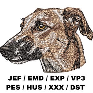 May include: An embroidered design of a dog's head in profile, featuring detailed stitching in shades of brown, black, and white. The dog's eye is a warm yellow. Below the image are the text: JEF / EMD / EXP / VP3 PES / HUS / XXX / DST.
